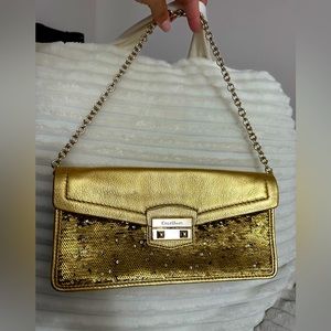 SOLD 🚫 On Mercari. Vintage COLE HAAN Minetta Gold and Sequin Baguette Style Bag